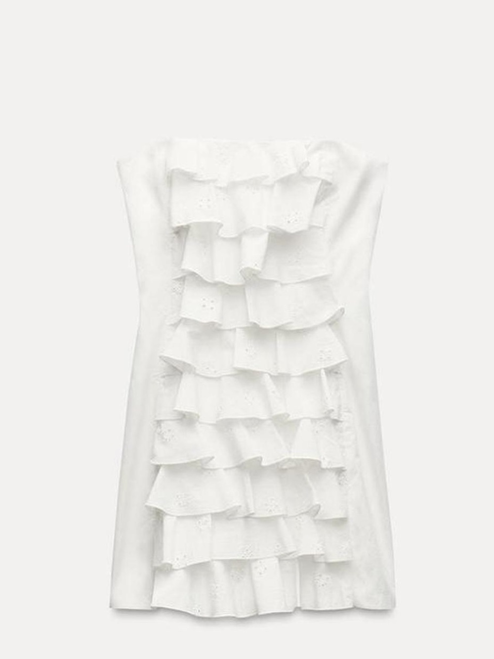 NWT Zara White Strapless Ruffle-Front tiered eyelet Mini Dress sz S